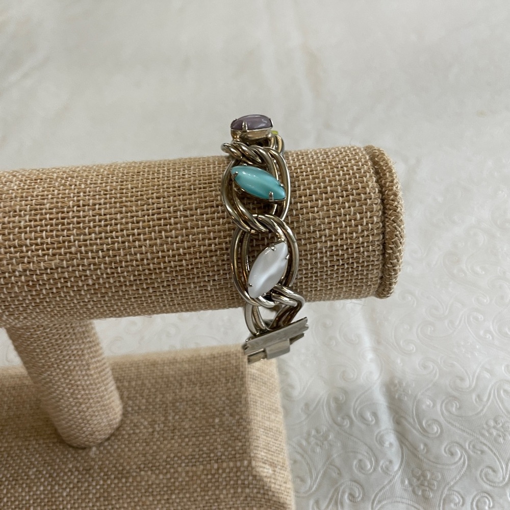 MCM Silvertone Link Bracelet with Colorful Cabichons